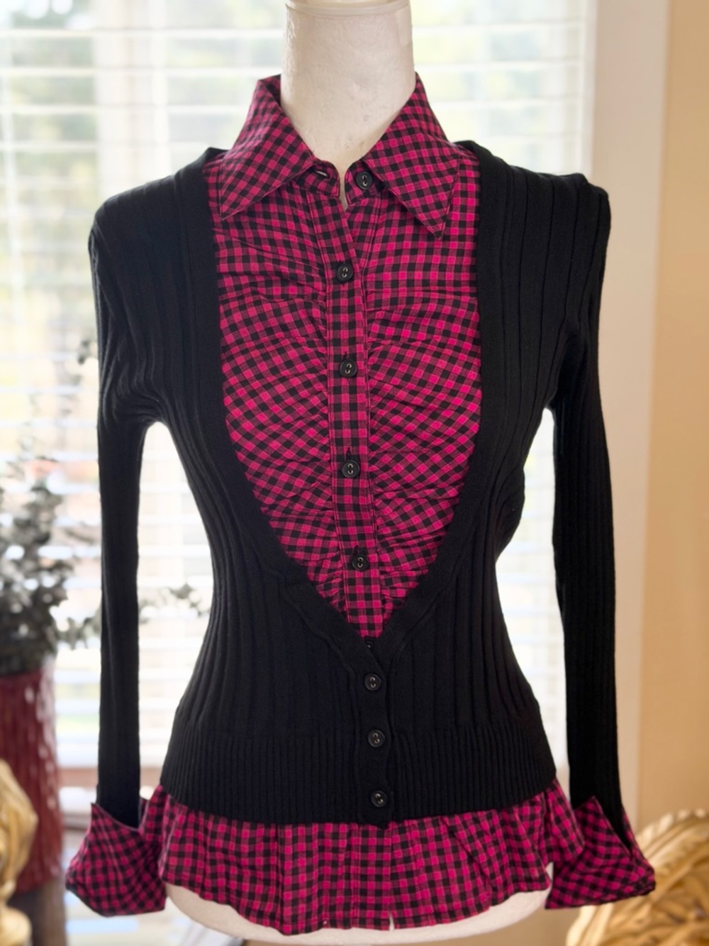 Black Cardigan Layered Look Top with Pink Plaid Shirt Detail